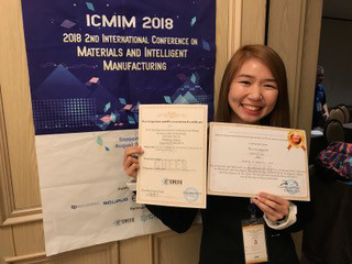 Lee presented her team's paper at ICNST 2018; the International Conference on Materials and Intelligent Manufacturing was held simultaneously.