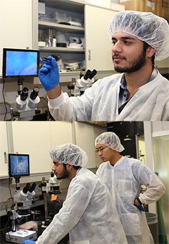 Top: Mechanical and aerospace engineering graduate student Daryosh Vatanparvar holds a 2D gyroscope prototype made from fused quartz. Bottom: Vatanparvar and fellow graduate student Yusheng Wang examine the prototype under a microscope.