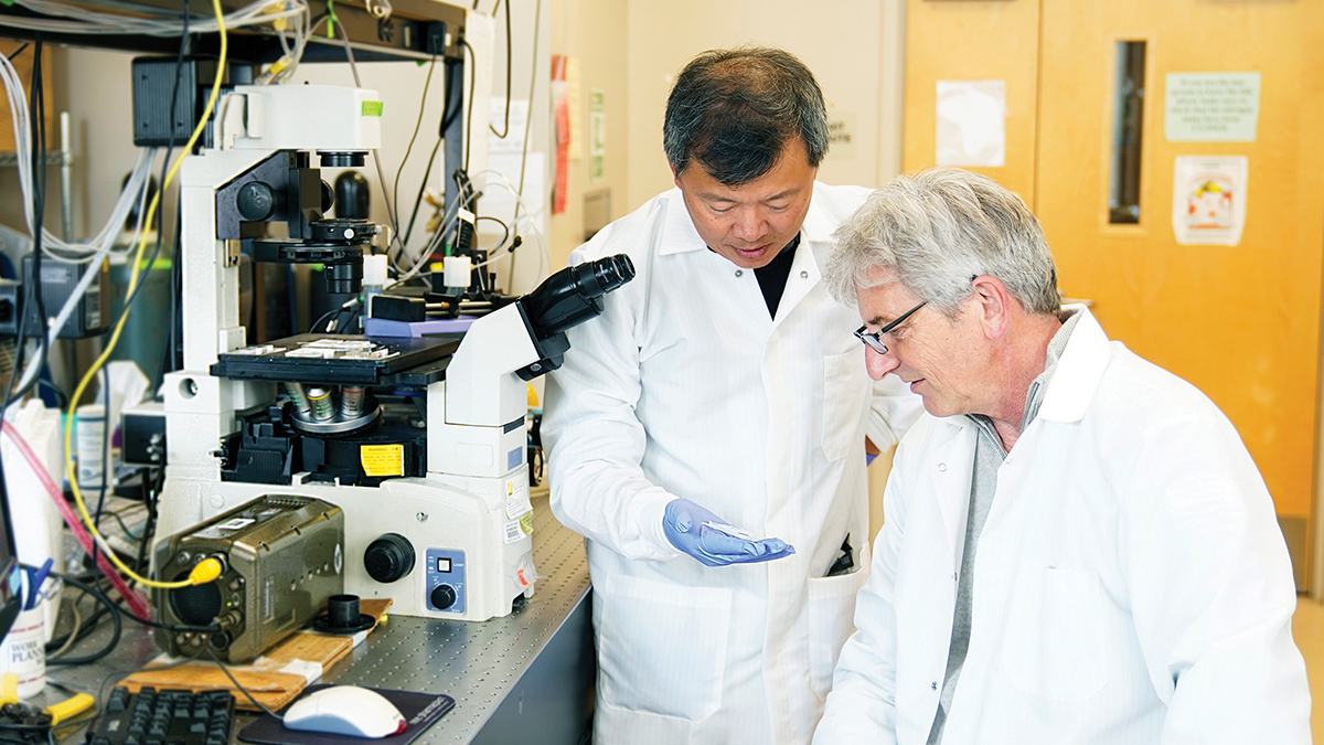 UCI professors Abe Lee and Chris Hughes working together in the Center for Advanced Design and Manufacturing of Integrated Microfluidics (CADMIM) at UCI’s Henry Samueli School of Engineering.  Jackie Connor / UCI Beall Applied Innovation