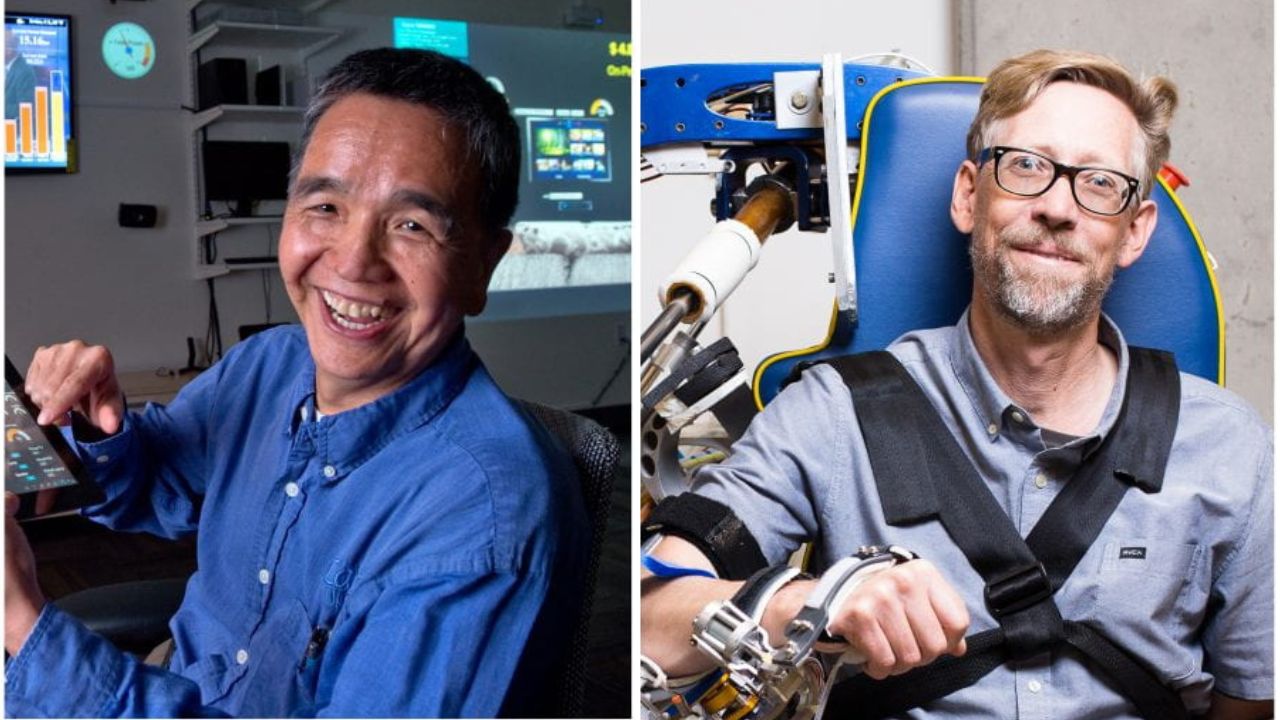 Guann-Pyng (G.P.) Li (left), UCI professor of electrical engineering and computer science, and David Reinkensmeyer, UCI professor of anatomy and neurobiology and mechanical and aerospace engineering, have been named 2023 fellows by the National Academy of Inventors for making significant contributions to science and society through their work. UCI