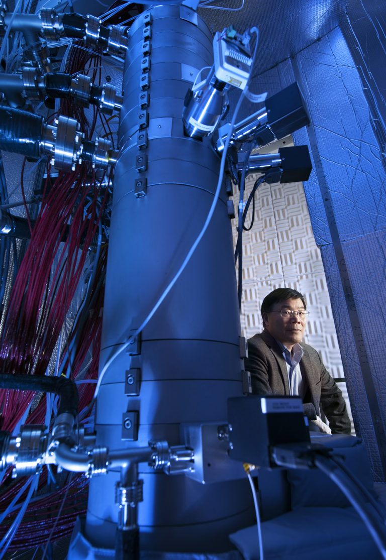 “We have come to realize more and more in recent years the necessity of having a fundamental understanding of materials in many fields of science and engineering,” says Xiaoqing Pan, UCI professor of chemical engineering & materials science and head of the the new Irvine Materials Research Institute – seen here through the facility’s scanning transmission electron microscope. Steve Zylius / UCI