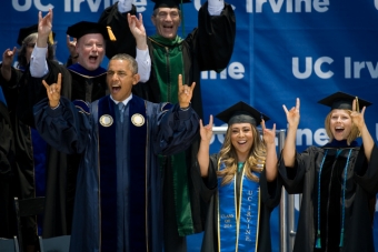 Turning a special day into a historic event, President Barack Obama addressed more than 6,000 graduating UC Irvine students and 30,000 family members and friends at a commencement ceremony Saturday, June 14, at Angel Stadium of Anaheim. photo: Steve Zylius/UC Irvine Communications 