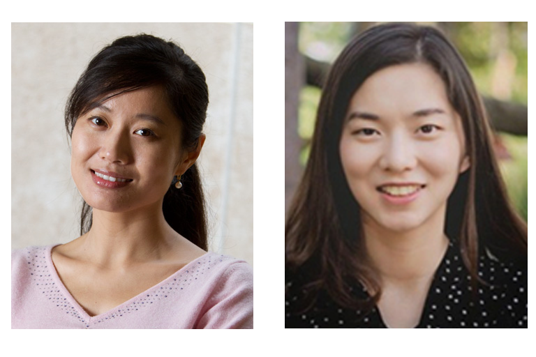 Mo Li (left) and Xizheng Wang are recognized by Women in Technology at UCI. 