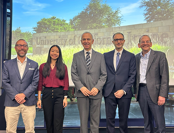 From left, Engineering Dean Magnus Egerstedt stands proudly with the three engineering faculty being recognized, Kyriacos Athanasiou, Yanning Shen and Farzin Zareian, as well as UCI Provost Hal Stern. 