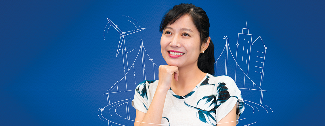 Photo of Mo Li, with graphic background