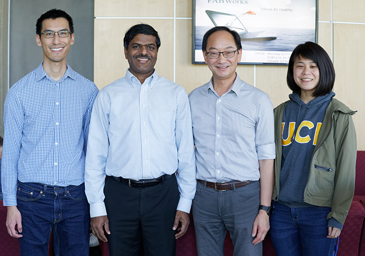 The team working on the new cellular electrophysiological purification arrays includes, from left: Biopico’s chief engineer Henry Wong; John Collins, company president and CEO; Samueli School professor William Tang and doctoral student Joanne Ly.
