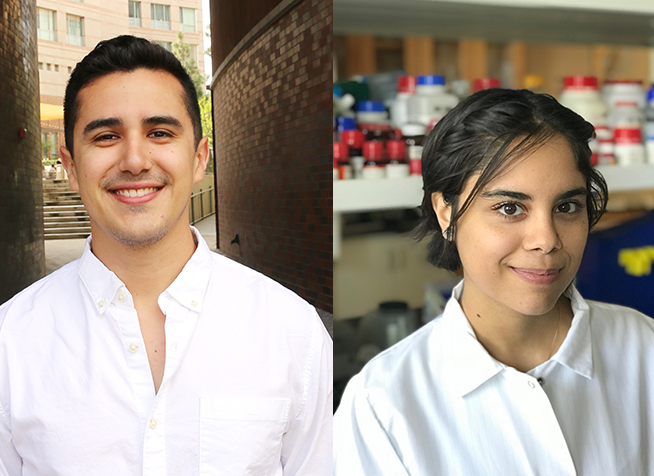 Biomedical engineering graduate students Gonzalez-Leon (left) and Salinas both won national awards recently.