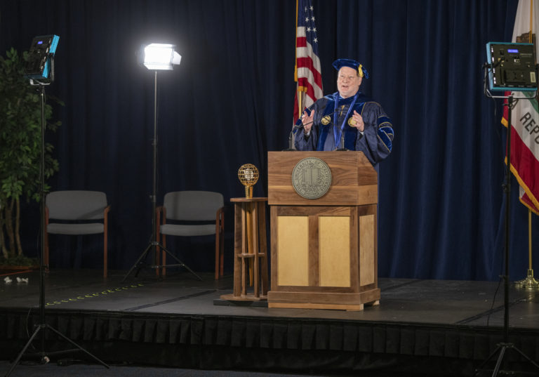 UCI Chancellor Howard Gillman tapes his address for UCI’s virtual commencement. More than 11,000 students graduated from UCI this year, with over 7,400 participating in remote ceremonies. Steve Zylius / UCI