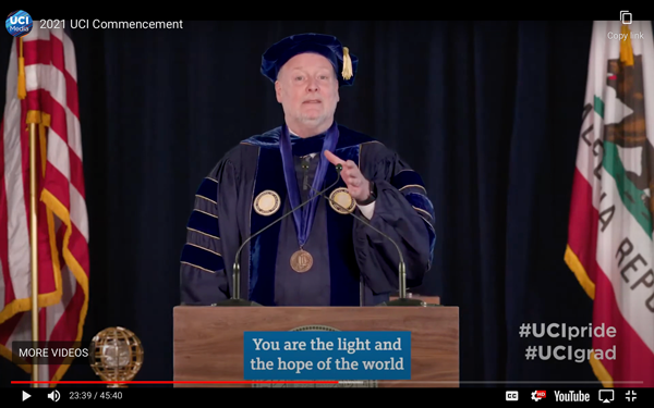 UCI Chancellor Howard Gillman addressed new graduates at UCI’s virtual commencement. More than 10,200 students graduated from UCI this year, with more than 7,400 participating in remote ceremonies.