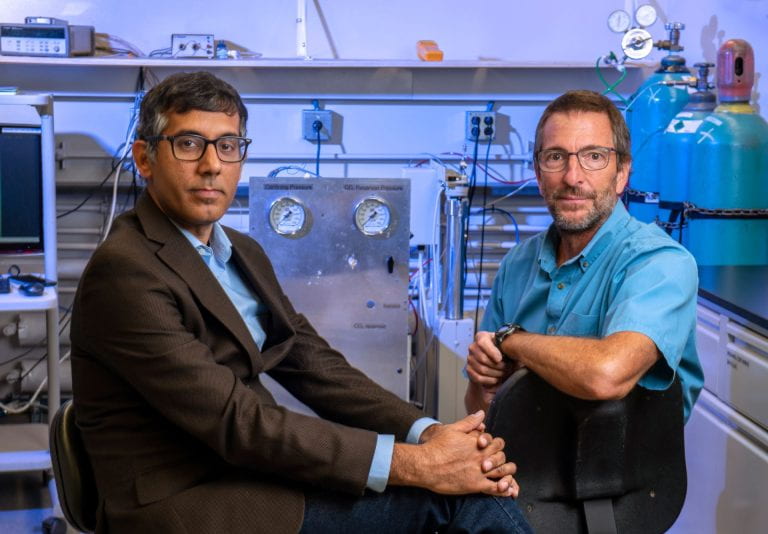 M.J. Abdolhosseini Qomi (left) and Russ Detwiler, both associate professors of civil and environmental engineering at UCI, are frequent collaborators in studies examining ground carbon mineralization. Through simulations, experimentation and theory, they are working to solve problems in CO2 sequestration, thought to be a powerful tool in mitigating climate change. Steve Zylius / UCI