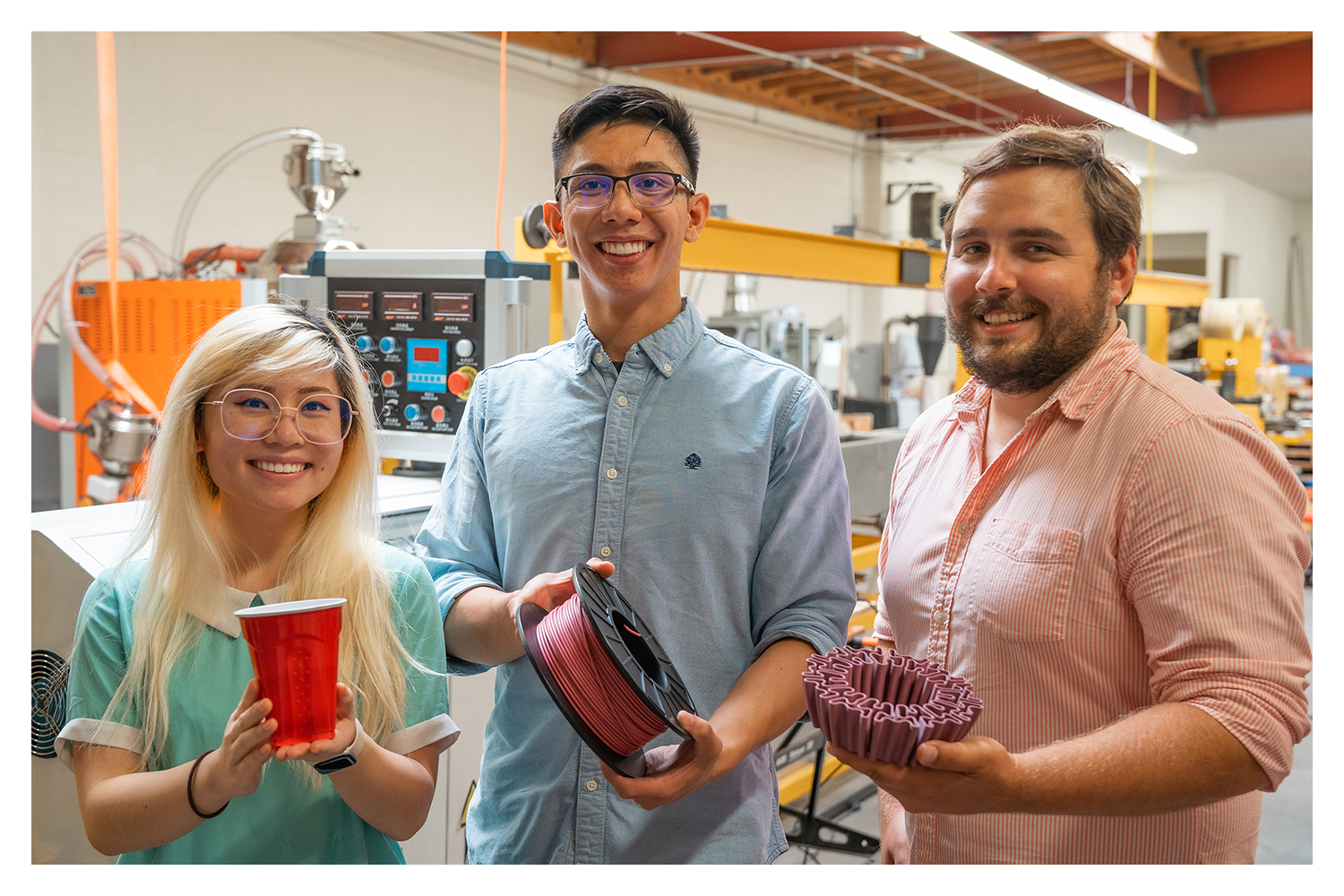 UCI startup Closed Loop Plastics co-founders Sharon To, Aldrin Lupisan and Will Amos inside their facility in Long Beach show the transformation of single-use plastics to 3D printed materials.
