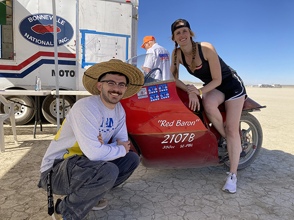 Crew chief and mechanical and aerospace engineering alumnus Vazgen Frnzyan (left) and Dunford celebrate a record at El Mirage Dry Lake.