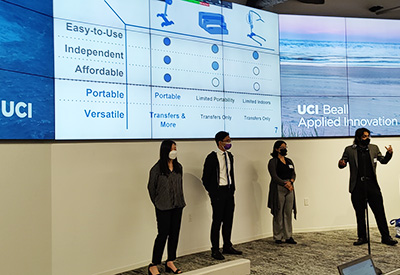 The first-place team in the Beall Competition was Idene Medical, presenting a wheelchair assist handle that enables wheelchair users a far wider range of mobility than current technologies allow. Photo courtesy of David Ochi.