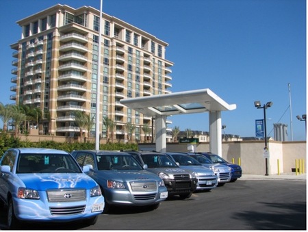 The first fuel cell vehicles line up at UCI’s hydrogen fueling station circa  2008.
