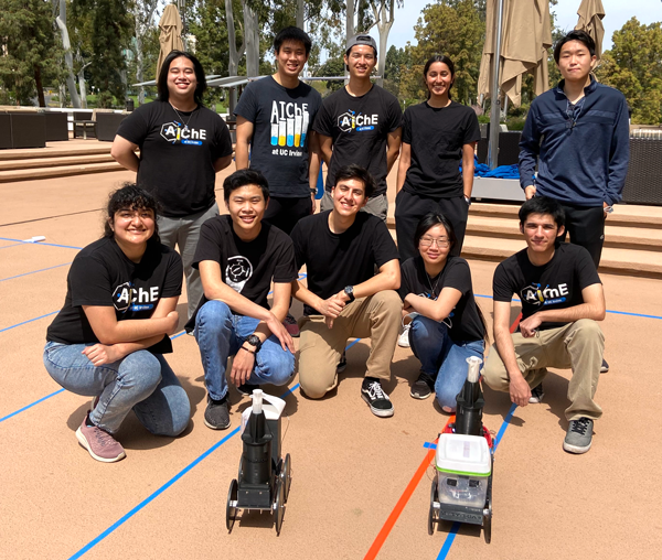The Samueli School’s Chem-E-Car team successfully built two working cars from home using household chemicals. Pictured are, top row, from left, Raniel Baki, Brian Li, Clark Wey, Jessica Kotini and Derek Fan; bottom row, from left, Giselle Meraz, Patrick Yang, Dominic Morquecho, Wendy Hao, Eduardo (Eddie) Miranda.