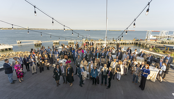 Guests and honorees gather on the Captain’s Deck for a cocktail reception at the 2024  Hall of Fame celebration on board the legendary Queen Mary in the Port of Long Beach. 