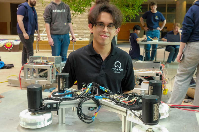 UCI HyperXite levitation engineer Diego Solorzano with the team’s magnetic levitation system at Hyperloop Global
