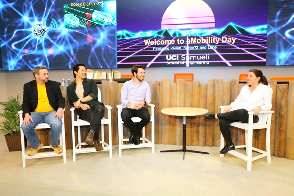 Iryna Zenyuk, associate professor of chemical and biomolecular engineering, sits down with guest panelists for a fireside chat at UCI’s first eMobility event. Pictured with Zenyuk, right, are, from left, Brian Sisk, Harrison Lu and Aratz Pinter. 