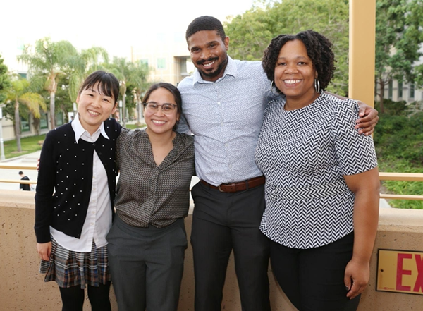 UCI faculty hired through the Faculty Hiring for Leveraged Research Excellence program celebrate the formal opening of laboratories for stem cell tissue engineering. From left are Momoko Watanabe, Herdeline “Digs” Ardoña, Quinton Smith and Tayloria Adams. 