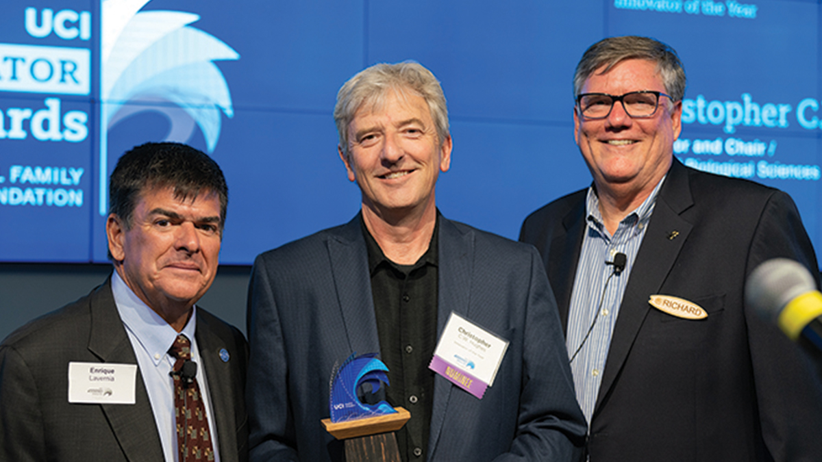 Hughes with Enrique Lavernia, UCI provost and executive vice chancellor, and Richard Sudek, UCI chief innovation officer and executive director of UCI Beall Applied Innovation, at the 2019 UCI Innovator Awards ceremony.