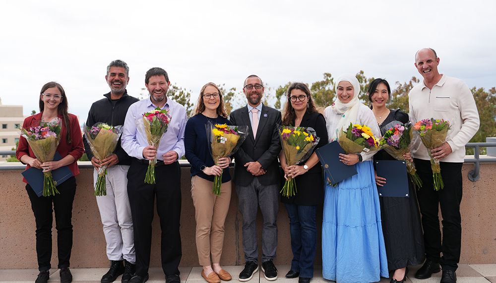The 2023 Faculty Award winners are pictured with Samueli School Dean Magnus Egerstedt (center); from left are Stacy Copp, Ali Mohraz, Elliot Botvinick, Beth Lopour, Athina Markopoulou, Salma Elmalaki, Yoonjin Won and Brett Sanders.