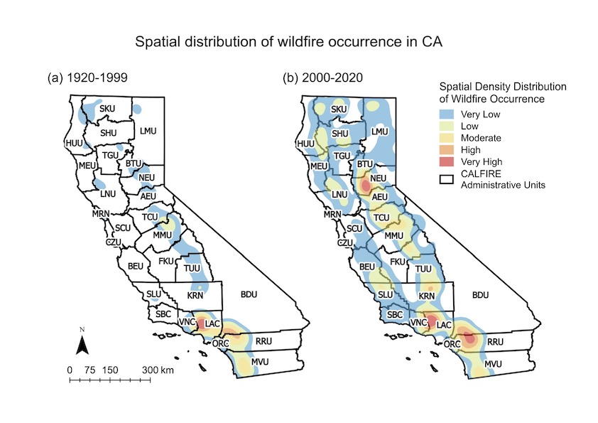 UCI civil & environmental engineering researchers conducted a thorough analysis of fire frequency, burned area and the many drivers of California’s catastrophic wildfires, finding substantial growth in the number of fire risk hot spots throughout the state over the past two decades. Shu Li / UCI