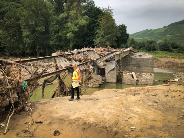 Anne Lemnitzer inspects damaged bridge in Walporzheim, Germany, after record rainfall and deadly flooding swept through Western Europe in mid-July 2021. Photo credit: Anne Lemnitzer