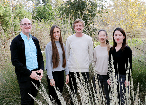 Pictured, from left, are the multidisciplinary research team of Gregory Weiss, Karissa Kenney, William Black, Yulai Zhang and Han Li.