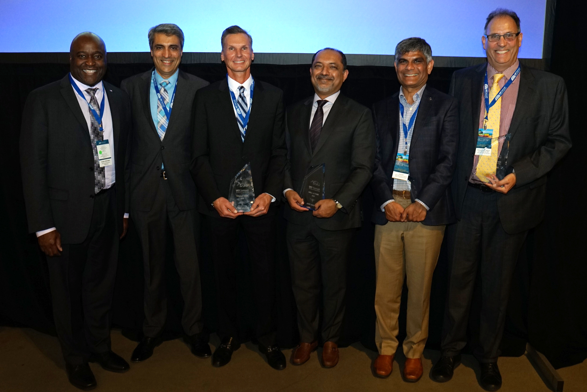 Dean Gregory Washington with Engineering Hall of Fame inductees (from left) Ameesh Divatia, John Lenell, Aziz Hashim, Amit Shah and Fernando Miralles-Wilhelm.