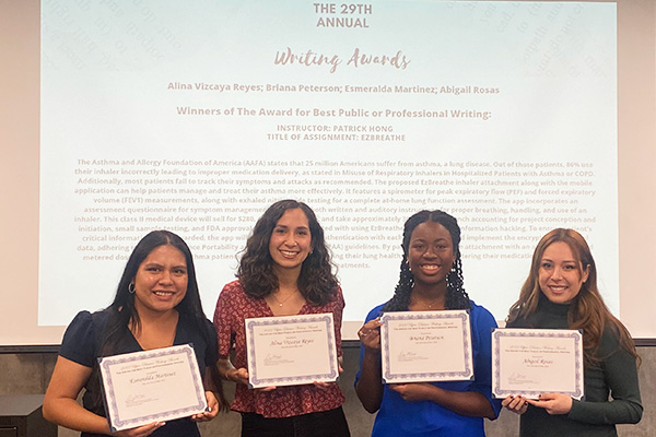 Esmeralda Martinez, Alina Vizcaya Reyes, Briana Peterson and Abigail Rosas and  hold their award for 2021-2022 UCI Undergraduate Writing Contest for Upper Division Writing: Best Public or Professional Writing.