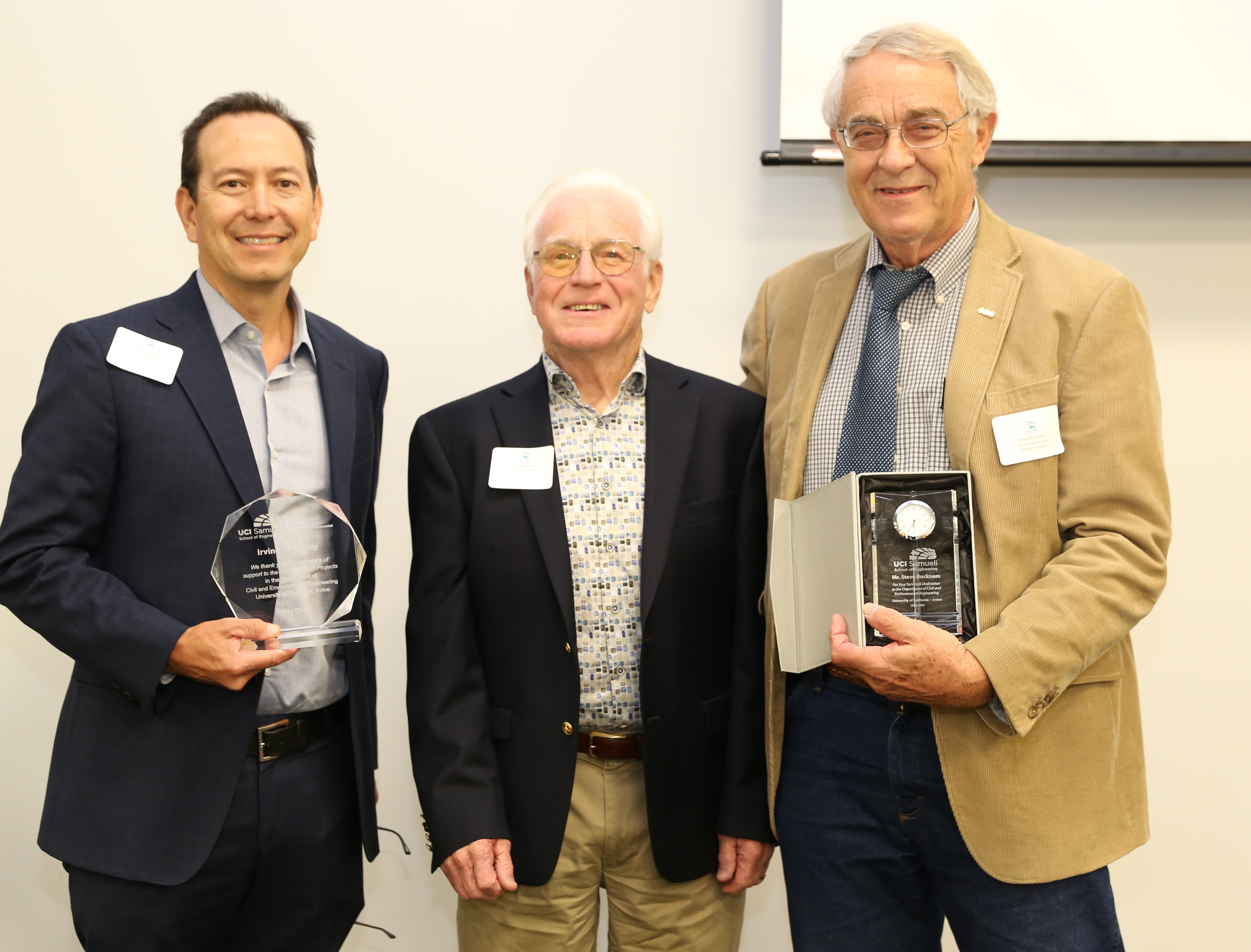 From left, CEE Affiliates members Jamie Yoshida ’03, Terry Hartman and Steve Bucknam were recognized at the spring meeting for their years of support for the CEE students’ senior design projects. 