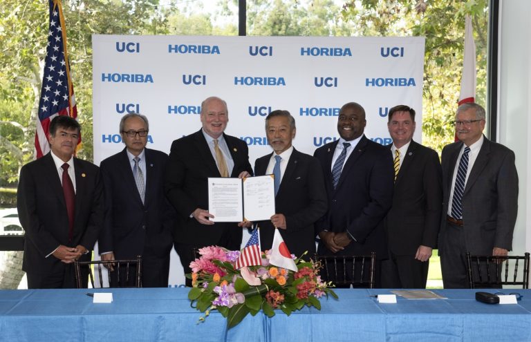 Dignitaries at the UCI campus signing ceremony launching the new Horiba Institute for Mobility and Connectivity on Aug. 29 included Enrique Lavernia, provost & executive vice chancellor; Jai Hakhu, president & CEO, Horiba International Corp.; Chancellor Howard Gillman; Atsushi Horiba, chairman and group CEO, Horiba Group; Gregory Washington, dean, The Henry Samueli School of Engineering; Brian Hervey, vice chancellor, university advancement & alumni relations; and Scott Samuelsen, professor and director, Advanced Power and Energy Program. Steve Zylius / UCI