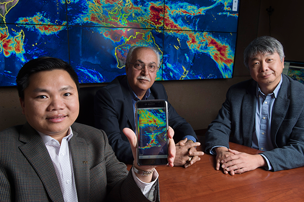 UCI Center for Hydrometeorology and Remote Sensing faculty members Phu Nguyen, Soroosh Sorooshian and Kuo-lin Hsu led the creation of the iRain mobile app. Steve Zylius / UCI