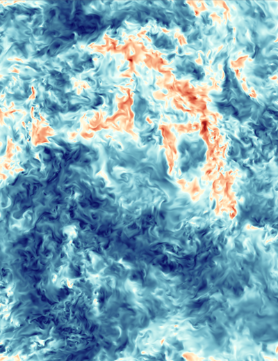 To simplify the simulation process of turbulent flows, Johnson used the Navier-Stokes equation and spatial filtering, similar to lowering an image's resolution. Image is pre-spatial filtering.