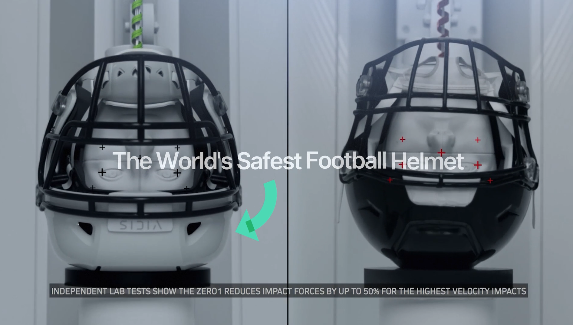The VICIS helmet (left) changes shape upon impact thus protecting the head.