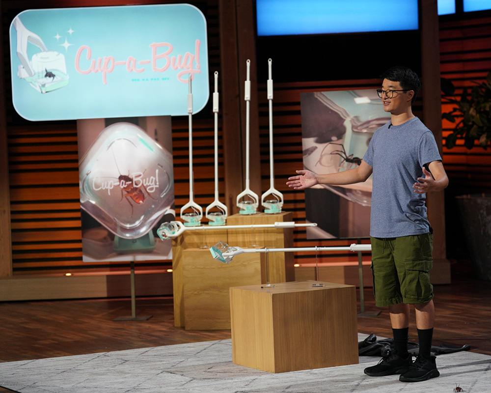 Justin Huang giving his pitch for Cup-a-Bug on Shark Tank
