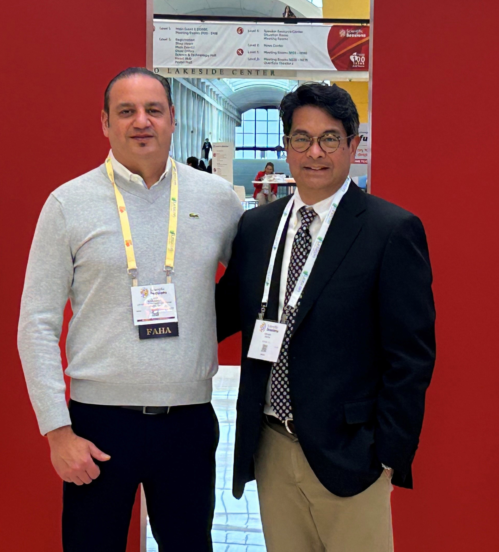 Kheradvar (left) and Dr. Michael Recto, an interventional pediatric cardiologist at Children’s Hospital of Orange County, attend the American Heart Association Scientific Sessions 2024 in Chicago, where Agwu presented the Iris Valve on behalf of the team. Nnaoma Agwu / UC Irvine