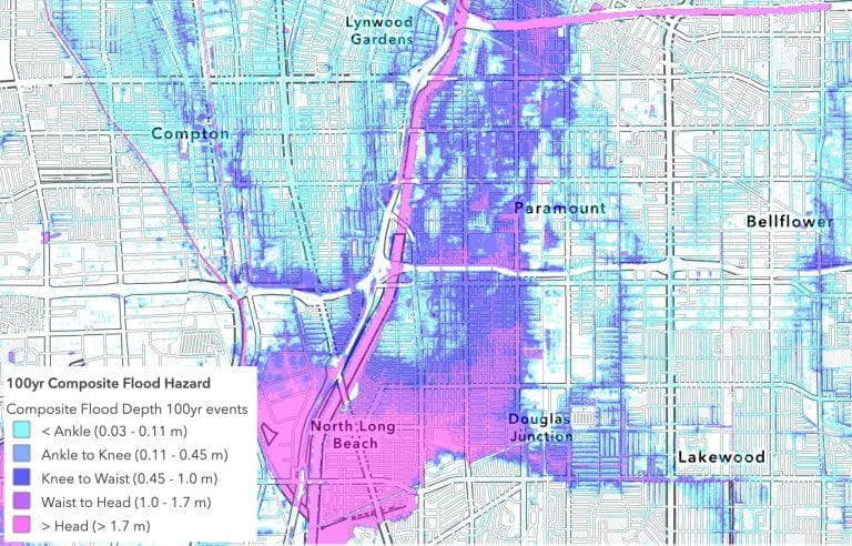 A new urban flood modeling platform developed by UCI researchers reveals areas around Greater Los Angeles that are at highest risk of damaging flooding from excessive rainfall during an atmospheric river event or from melting snow in the spring. Brett Sanders / UCI