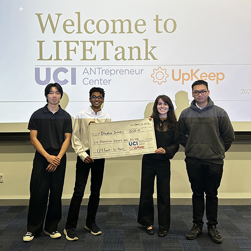 Team UnlockIT won the LIFETank competition with their design for a device to remotely unlock dorm doors. Pictured, from left, are Seonu Chu, Kaushik Saravanan, Tara Minaie and Duy Tran.