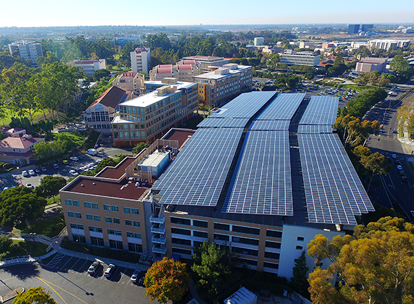Solar power arrays, like this on the roof of the School of Social Sciences parking structure, are an integral renewable energy system within the UC Irvine microgrid. Photo credit: UC Regents