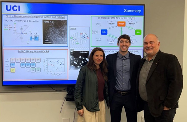 Iryna Zenyuk, Eamonn Murphy and Plamen Atanassov at UCI during his Ph.D. defense. Murphy is now working at Los Alamos National Laboratory.