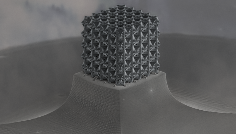 With wall thicknesses of about 160 nanometers, a closed-cell, plate-based nanolattice structure designed by researchers at UCI and other institutions is the first experimental verification that such arrangements reach the theorized limits of strength and stiffness in porous materials. Cameron Crook and Jens Bauer / UCI