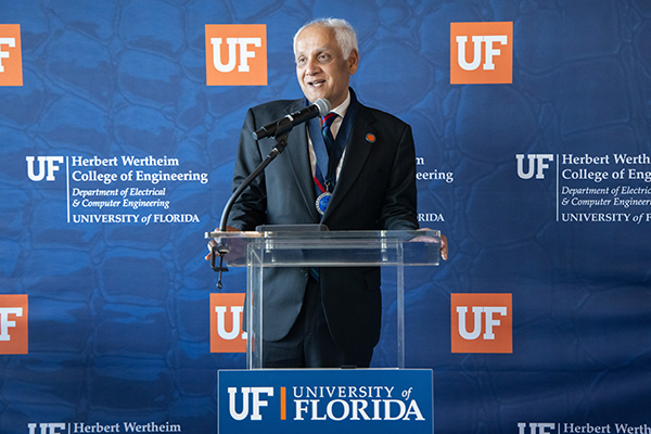 UCI Distinguished Professor Pramod Khargonekar speaks at University of Florida following his induction into the school’s Department of Electrical and Computer Engineering Hall of Fame.