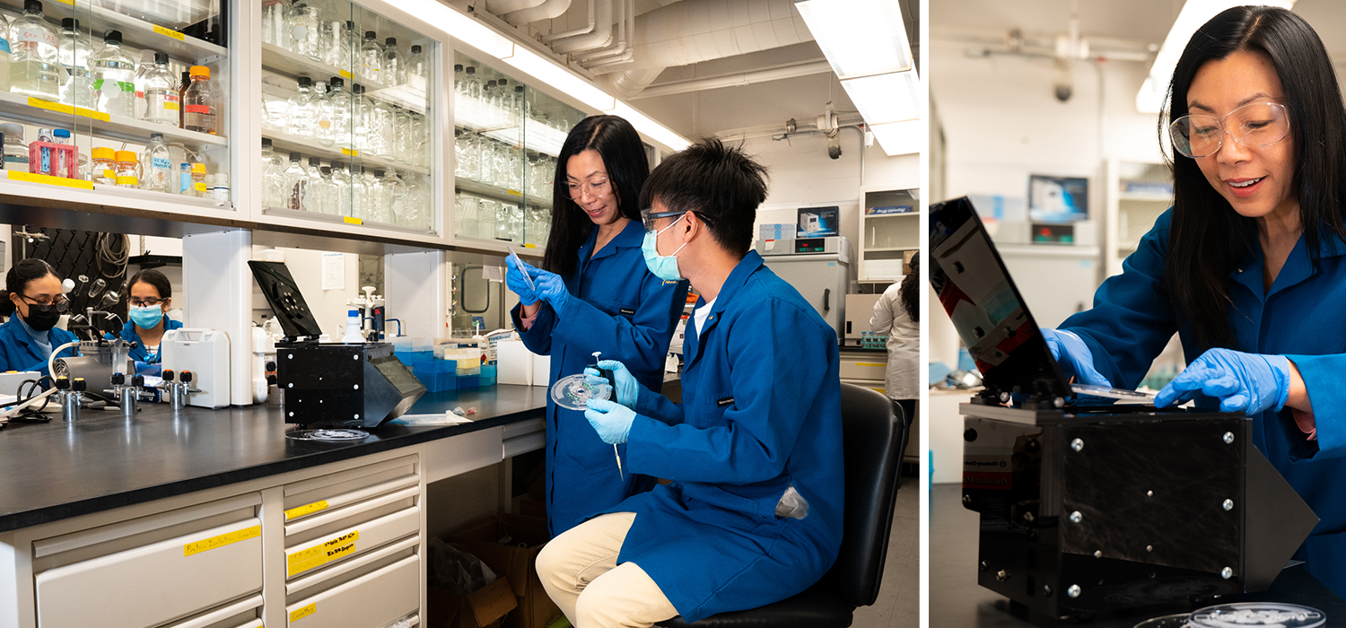 UCI Professor Sunny Jiang works with Ph.D. student Yen Hsiang Huang on adding the microfluidic disc that detects waterborne pathogens to her portable pathogen analysis system prototype.