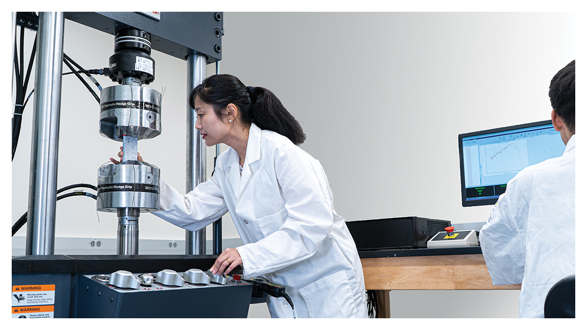In her lab, Li and her Ph.D. student conduct tests on samples of next-generation infrastructure materials.