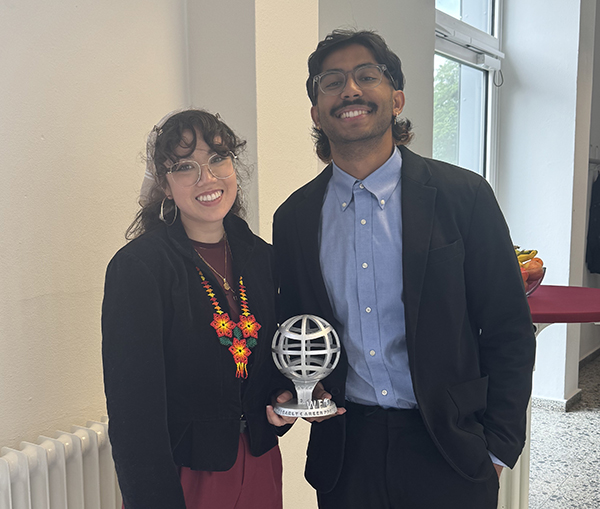 UCI materials science and engineering graduate students Raquel Fierro Jaime and Shrivatsav Shankar celebrate being final presenters at the WFO Conference in Germany on June 11, 2024.