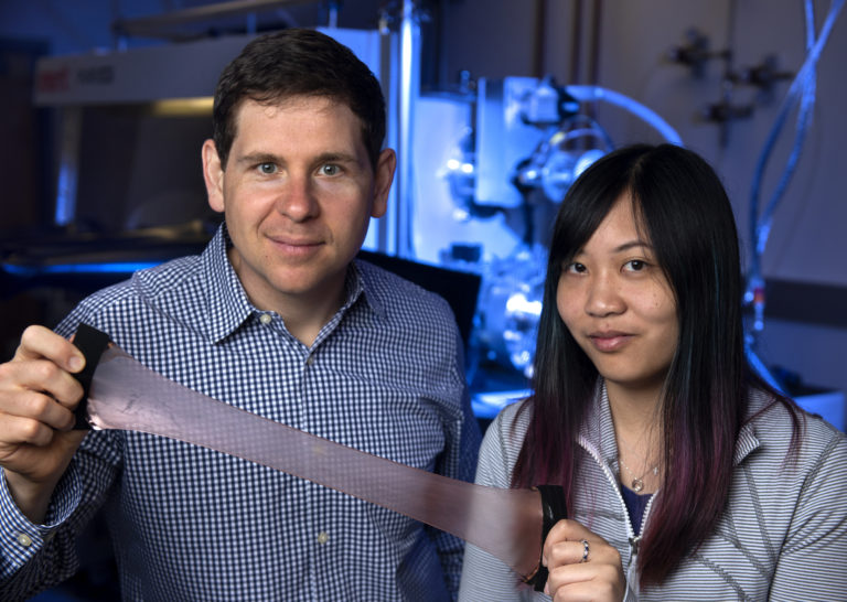 Alon Gorodetsky, UCI associate professor of chemical & biomolecular engineering, and Erica Leung, a UCI graduate student in that department, have invented a new material that can trap or release heat as desired. Steve Zylius / UCI