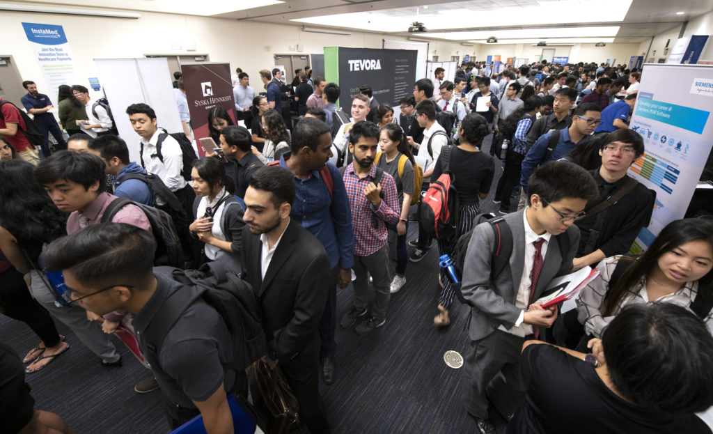 More than 3,000 Anteaters attended the Oct. 17 career fair, which featured 124 companies, government agencies and nonprofits – among them the California Air National Guard, Teradata, the National Security Agency, Alibaba, AT&T, CoreLogic, Hensel Phelps and the U.S. Department of State. Steve Zylius / UCI