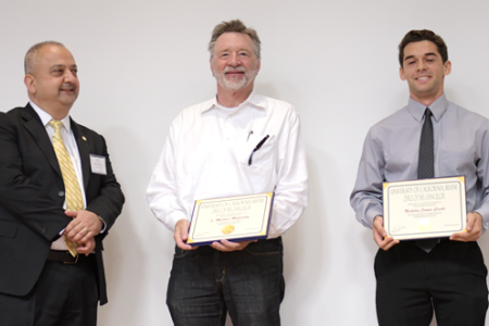McCarthy (center) and Cecchi (right) are congratulated by UROP Director Said Shokair after the awards ceremony.