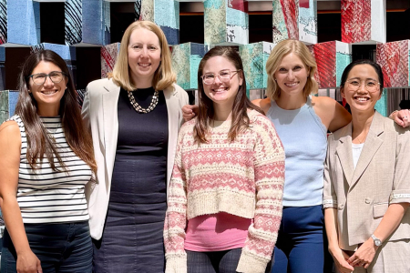 From left to right: Natascha Buswell (UCI), Jackie O'Connor (Penn State), Kate Forrest (UCI), Catherine Berdanier (Penn State), and Seong Ji Jeong (Penn State). Image of five women posing for a photo.